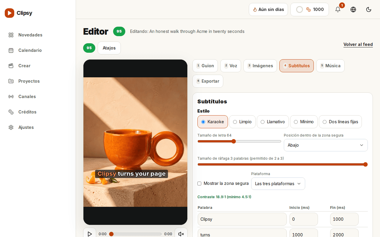 Editor de subtítulos de Clipsy con vista previa vertical y controles de subtitulado